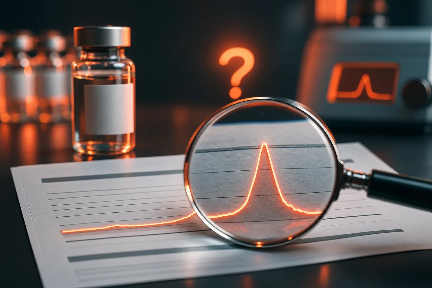 A laboratory certificate with a glowing chromatography peak under a magnifying lens beside a sealed vial